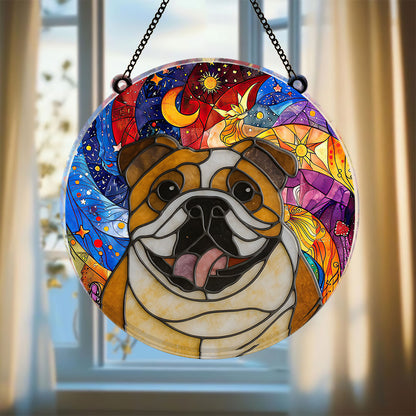 Custom dog portrait stained glass suncatcher, a personalized pet memorial window hanging.