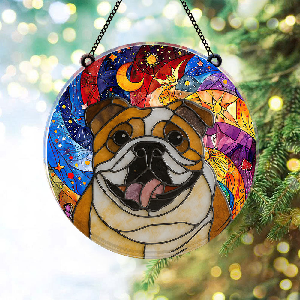 Custom dog portrait stained glass suncatcher, a personalized pet memorial window hanging.