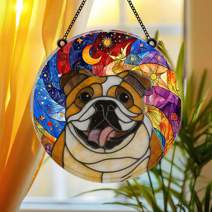 Custom dog portrait stained glass suncatcher, a personalized pet memorial window hanging.