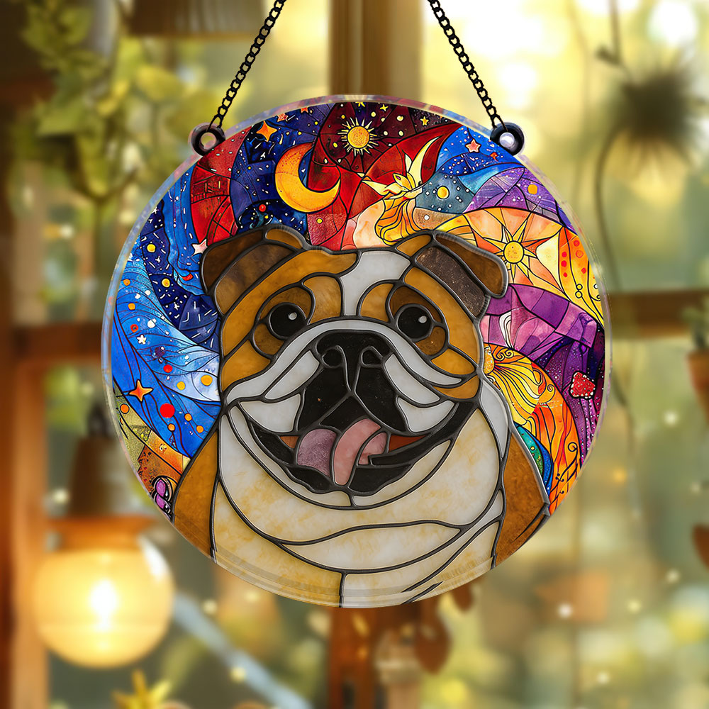 Custom dog portrait stained glass suncatcher, a personalized pet memorial window hanging.