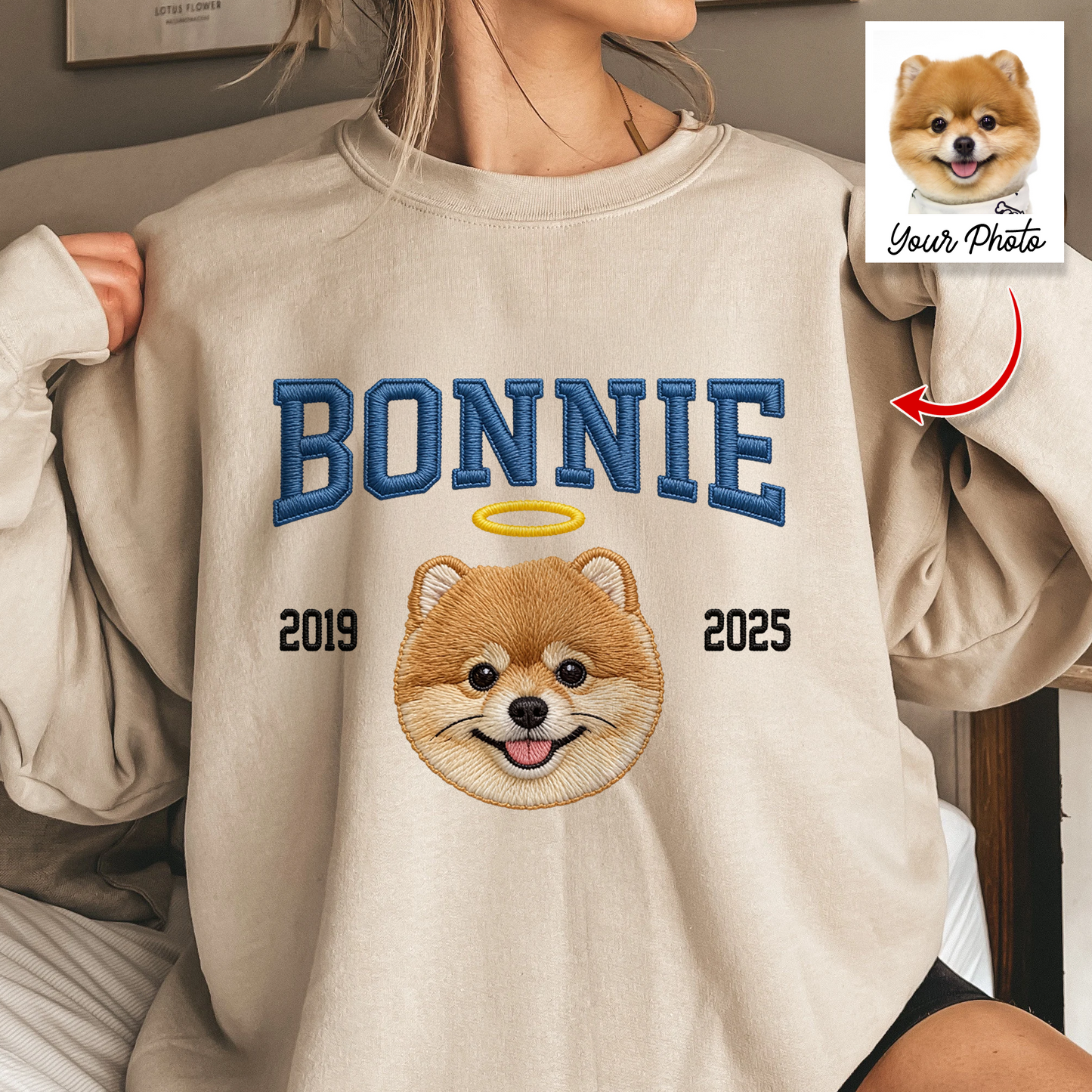 Custom Embroidered Pet Crewneck: Close-up of a sweatshirt featuring an adorable embroidered dog portrait.