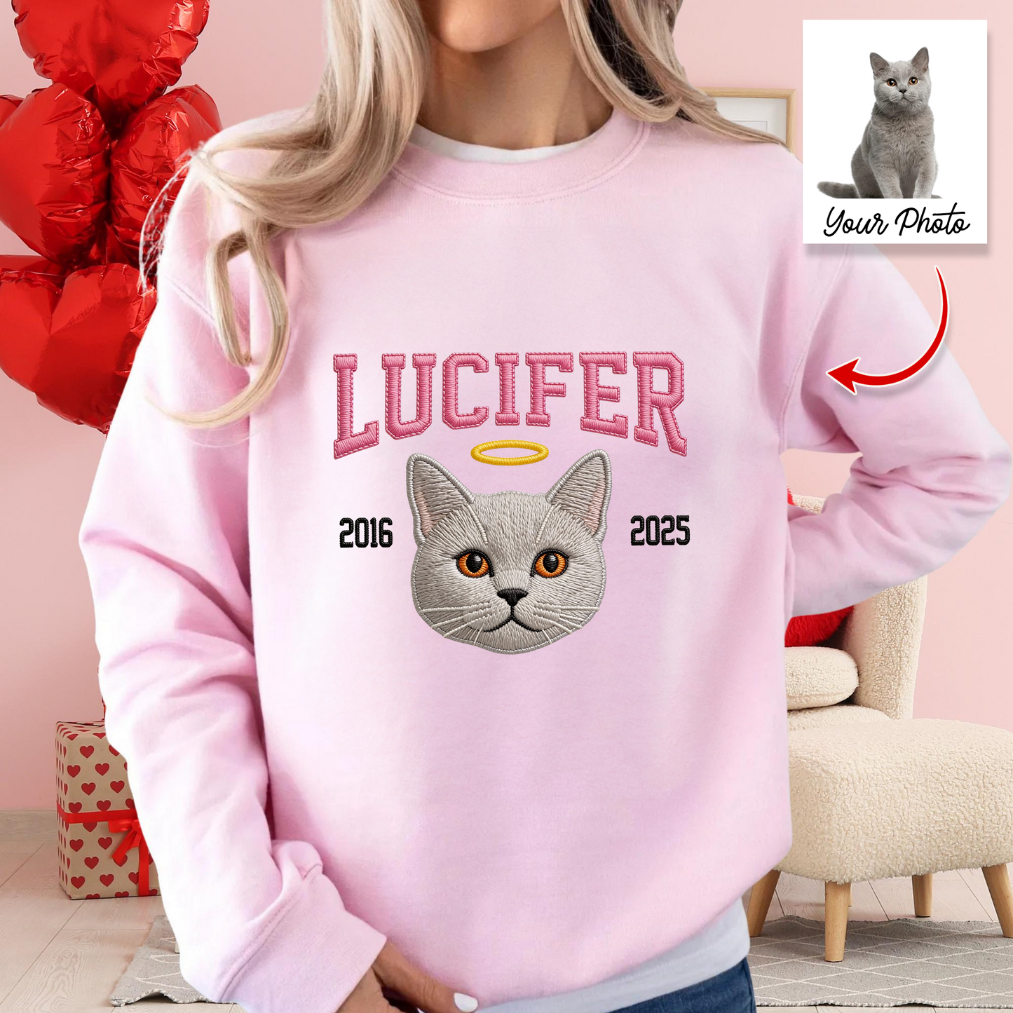 Custom Embroidered Pet Crewneck: Close-up of a sweatshirt featuring an adorable embroidered dog portrait.