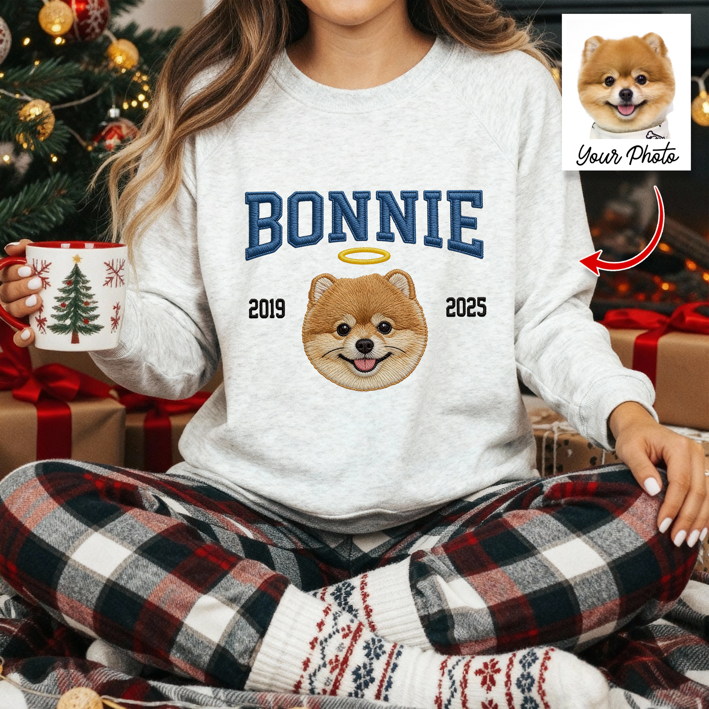 Custom Embroidered Pet Crewneck: Close-up of a sweatshirt featuring an adorable embroidered dog portrait.