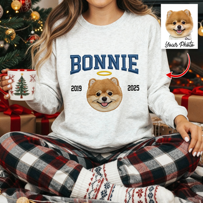 Custom Embroidered Pet Crewneck: Close-up of a sweatshirt featuring an adorable embroidered dog portrait.