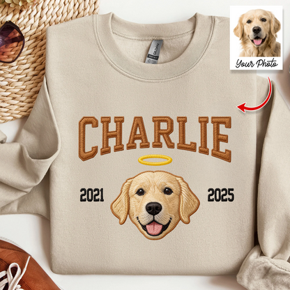 Custom Embroidered Pet Crewneck: Close-up of a sweatshirt featuring an adorable embroidered dog portrait.