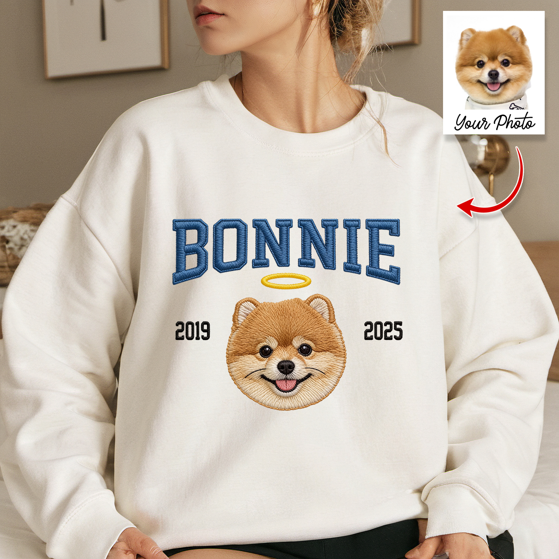 Custom Embroidered Pet Crewneck: Close-up of a sweatshirt featuring an adorable embroidered dog portrait.