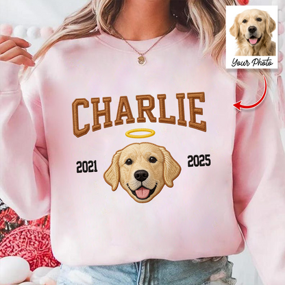 Custom Embroidered Pet Crewneck: Close-up of a sweatshirt featuring an adorable embroidered dog portrait.