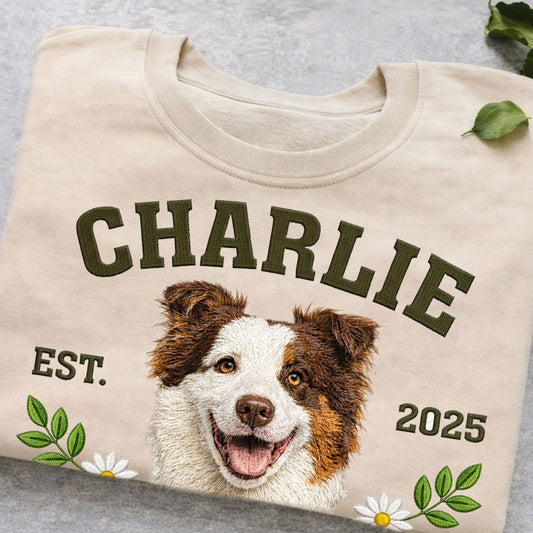 Custom embroidered pet crewneck sweatshirt. Personalized gift for dog lovers.