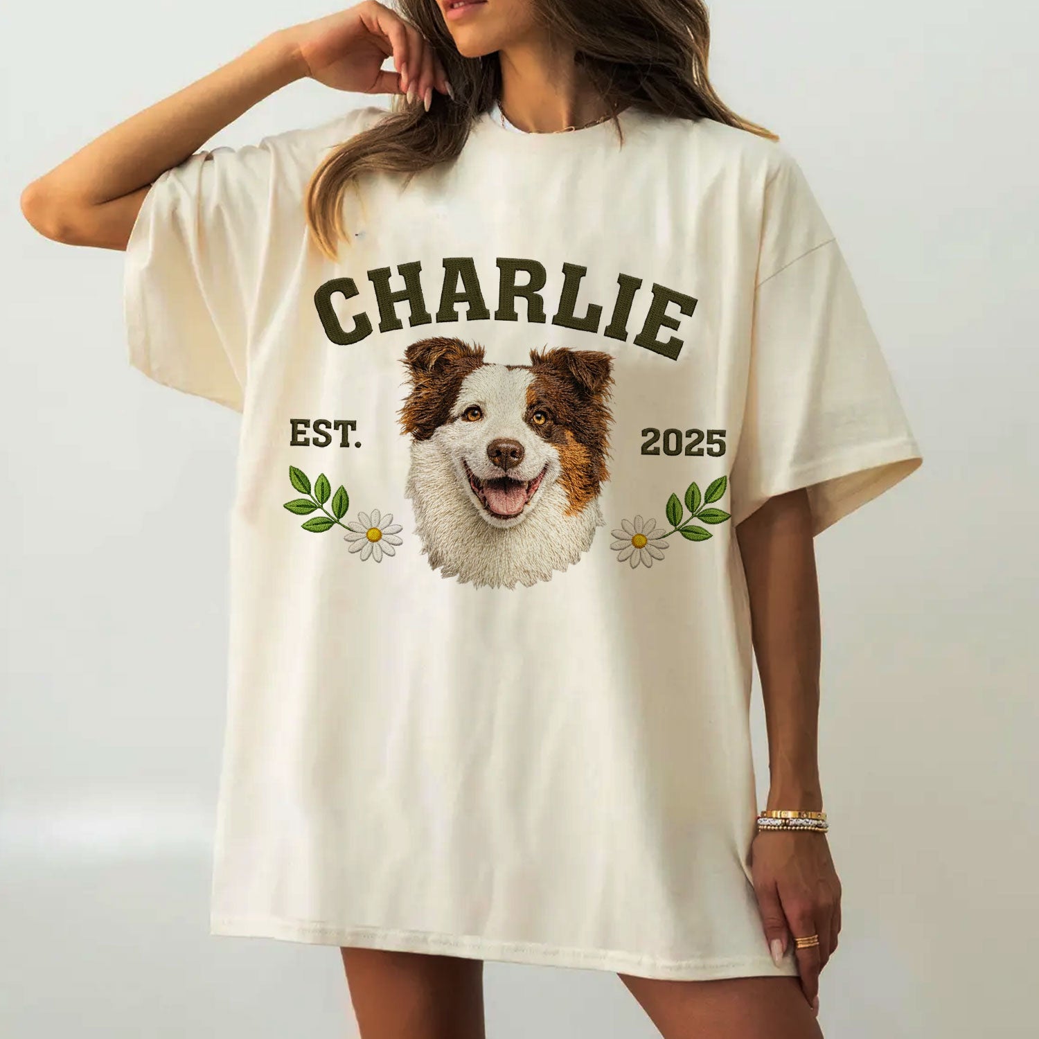 Custom embroidered pet crewneck sweatshirt. Personalized gift for dog lovers.