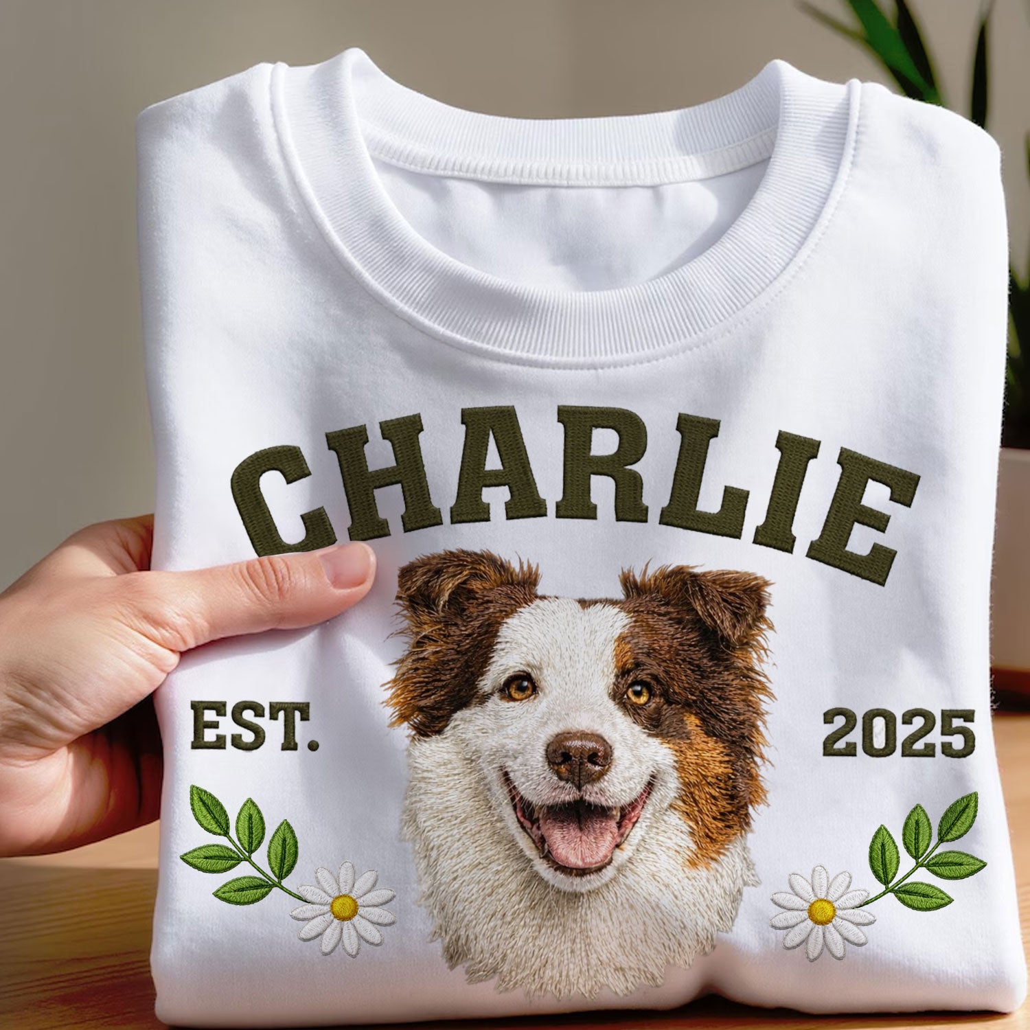 Custom embroidered pet crewneck sweatshirt. Personalized gift for dog lovers.