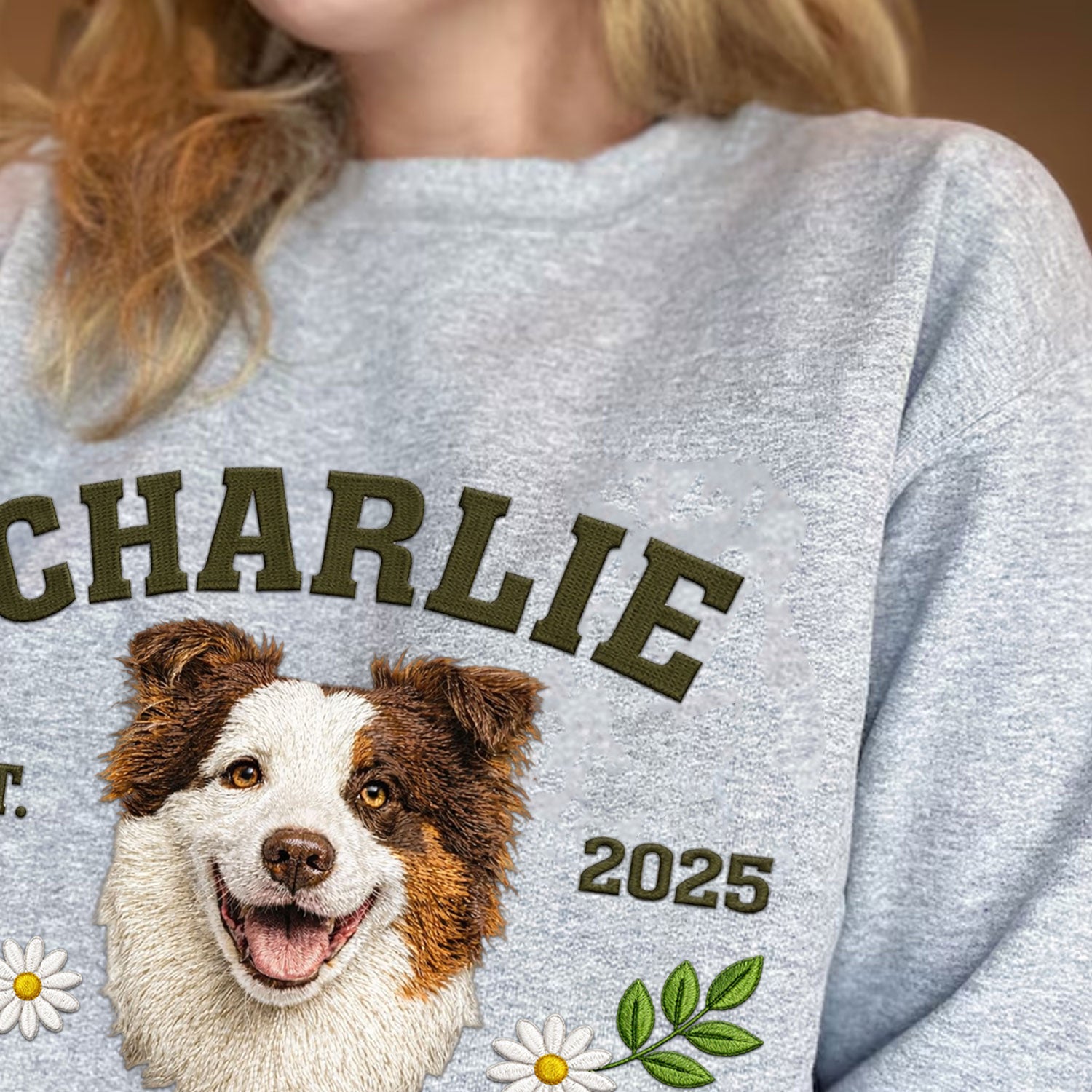 Custom embroidered pet crewneck sweatshirt. Personalized gift for dog lovers.