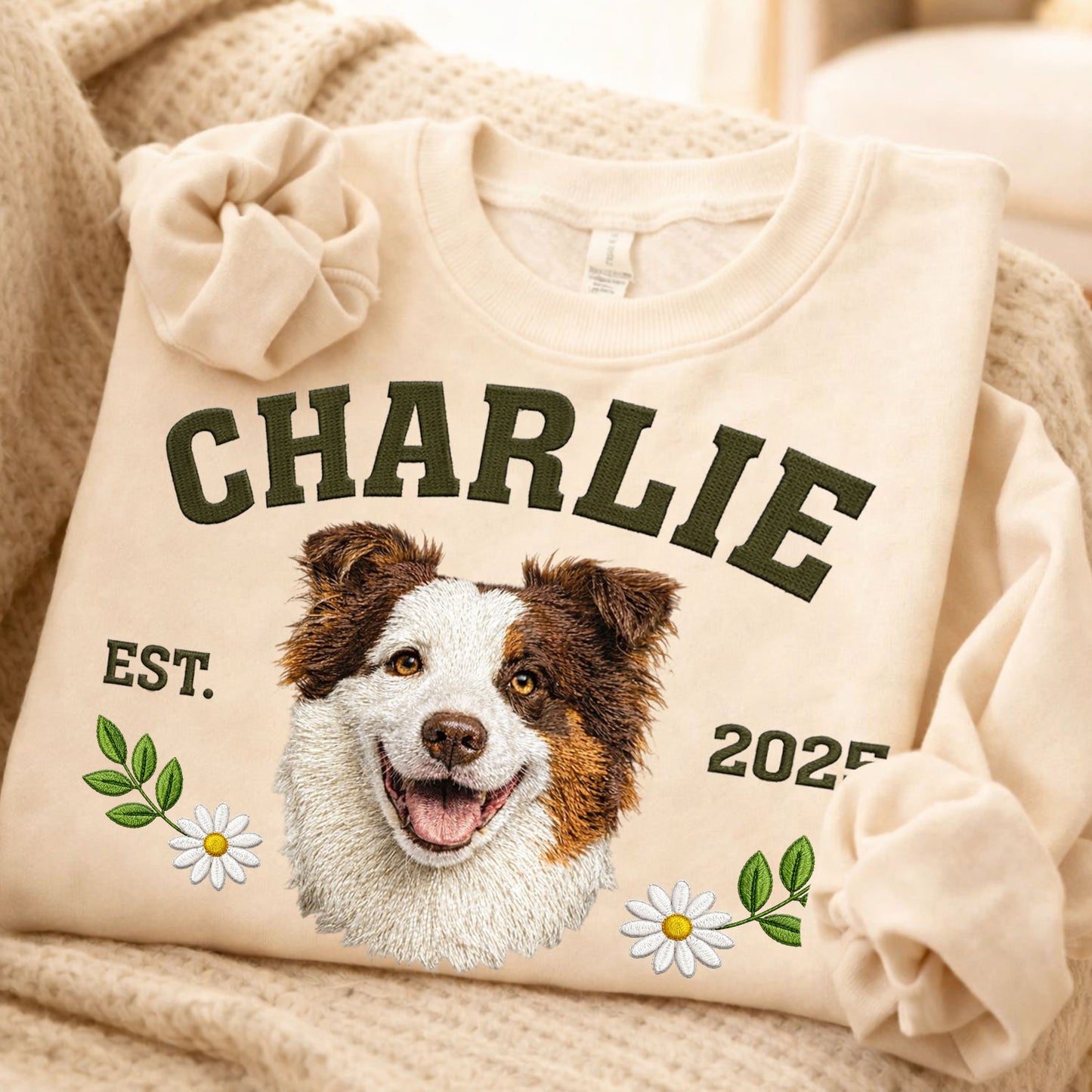 Custom embroidered pet crewneck sweatshirt. Personalized gift for dog lovers.