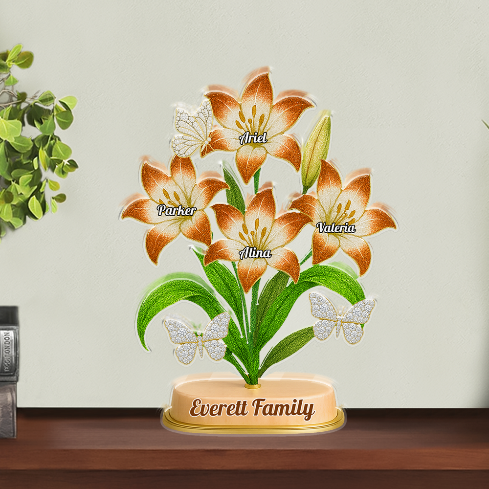 Custom Family Lily acrylic block plaque: Personalized figures of a family with lily flower details.