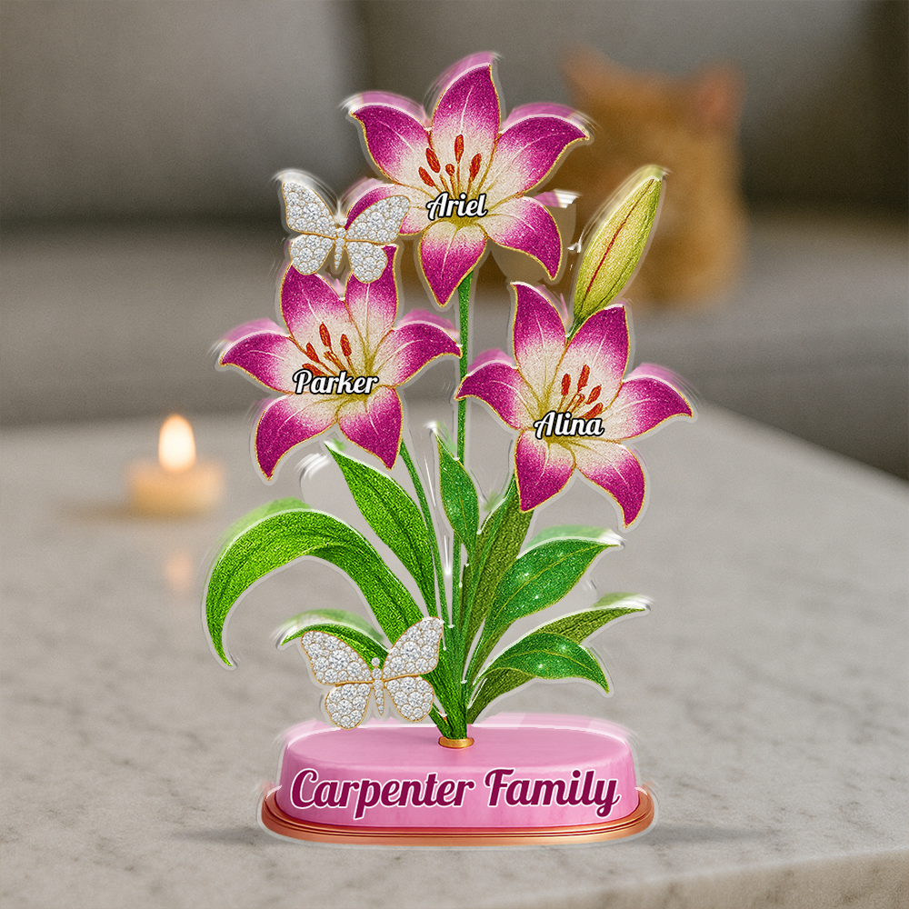 Custom Family Lily acrylic block plaque: Personalized figures of a family with lily flower details.