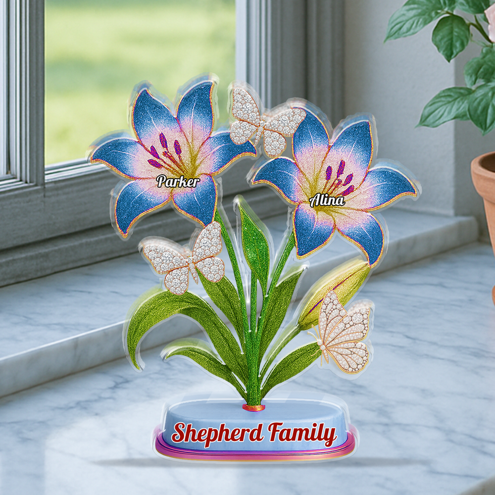 Custom Family Lily acrylic block plaque: Personalized figures of a family with lily flower details.