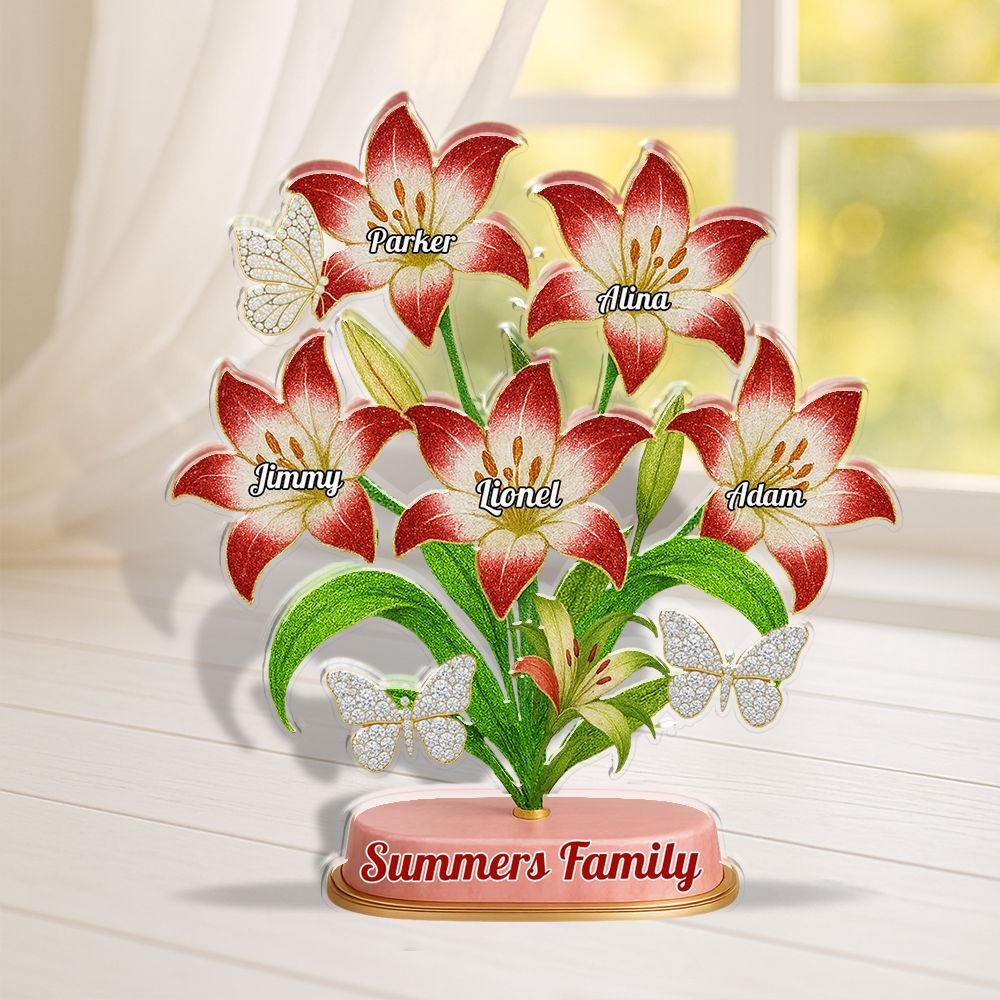 Custom Family Lily acrylic block plaque: Personalized figures of a family with lily flower details.