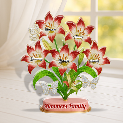 Custom Family Lily acrylic block plaque: Personalized figures of a family with lily flower details.