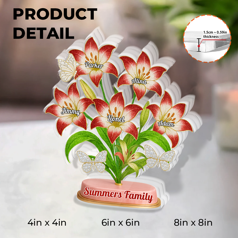 Custom Family Lily acrylic block plaque: Personalized figures of a family with lily flower details.