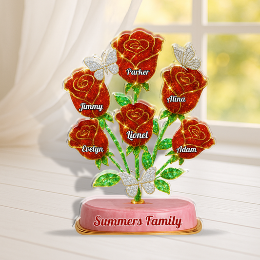 Custom family acrylic block plaque with red roses and personalized figures.