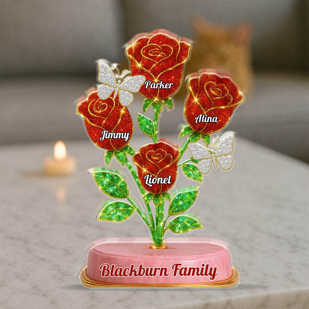Custom family acrylic block plaque with red roses and personalized figures.
