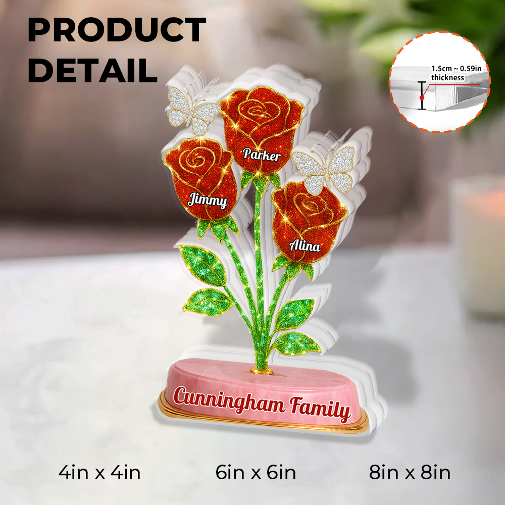 Custom family acrylic block plaque with red roses and personalized figures.