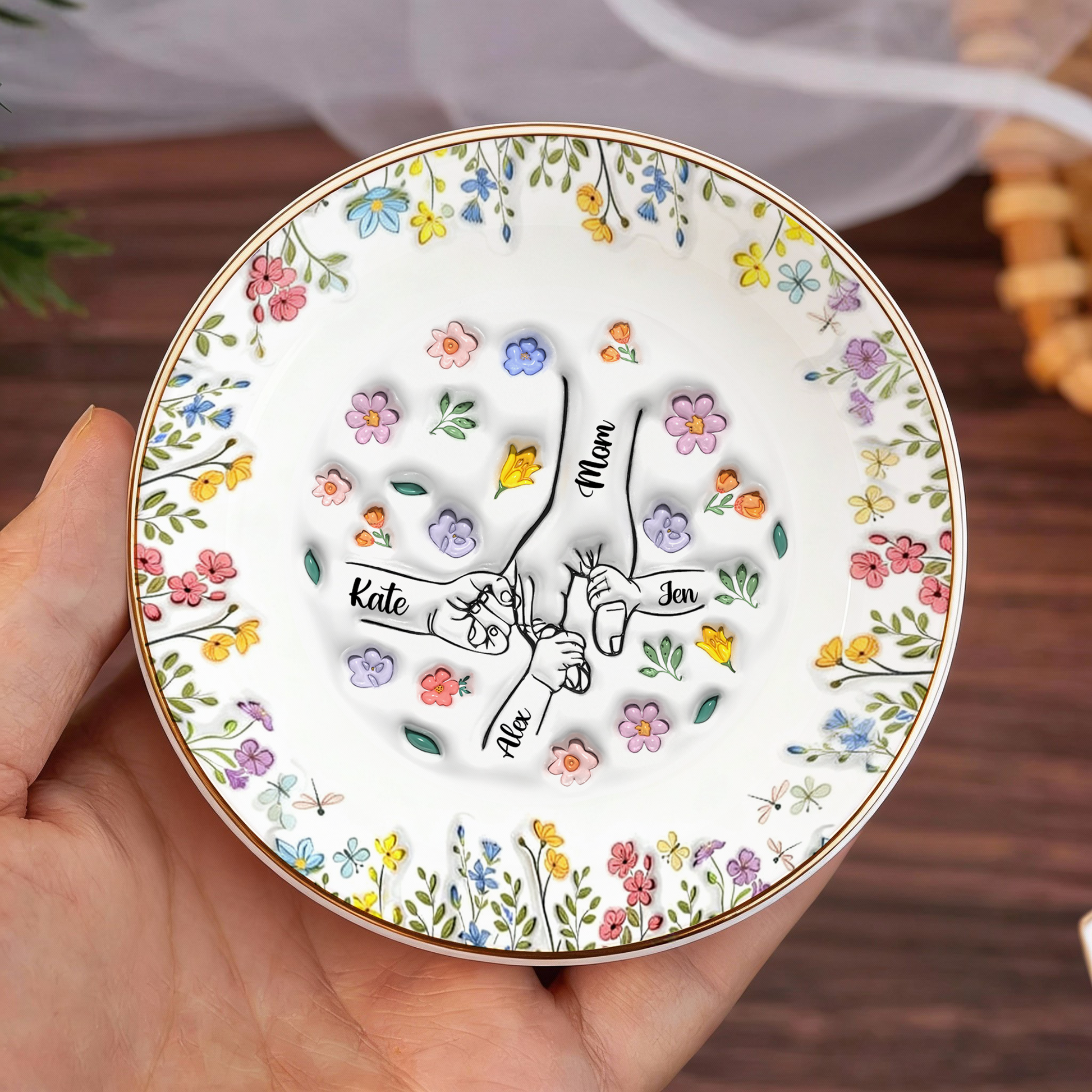 Personalized ring dish with custom flowers, a thoughtful Mother's Day gift from mom's garden.