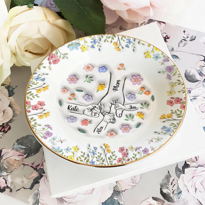 Personalized ring dish with custom flowers, a thoughtful Mother's Day gift from mom's garden.