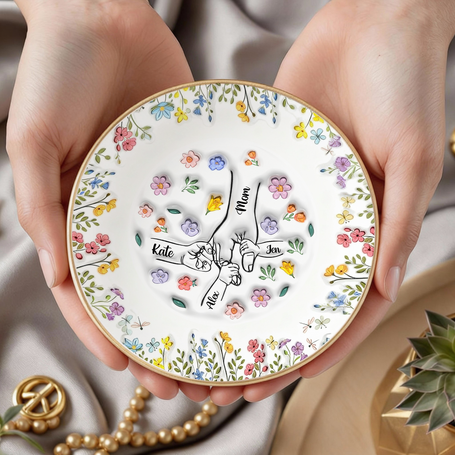 Personalized ring dish with custom flowers, a thoughtful Mother's Day gift from mom's garden.