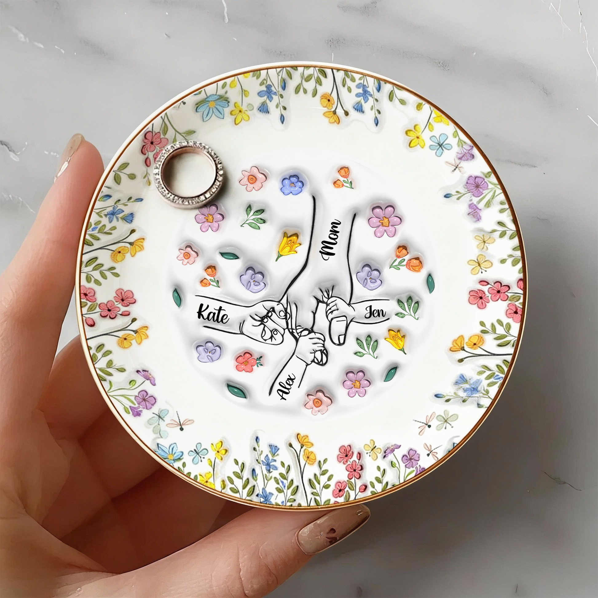 Personalized ring dish with custom flowers, a thoughtful Mother's Day gift from mom's garden.