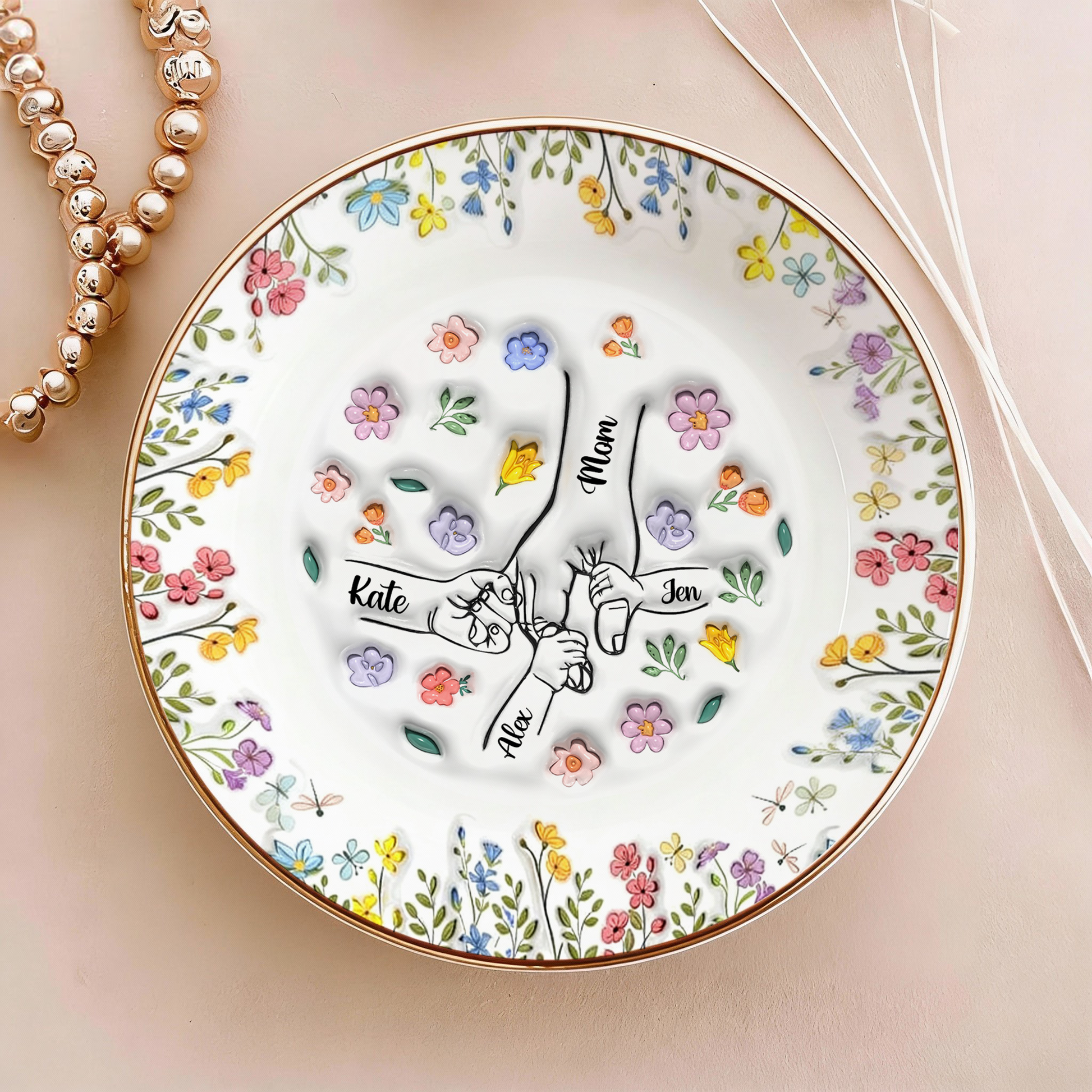 Personalized ring dish with custom flowers, a thoughtful Mother's Day gift from mom's garden.