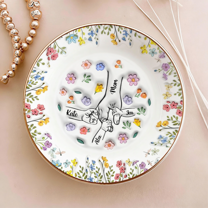 Personalized ring dish with custom flowers, a thoughtful Mother's Day gift from mom's garden.