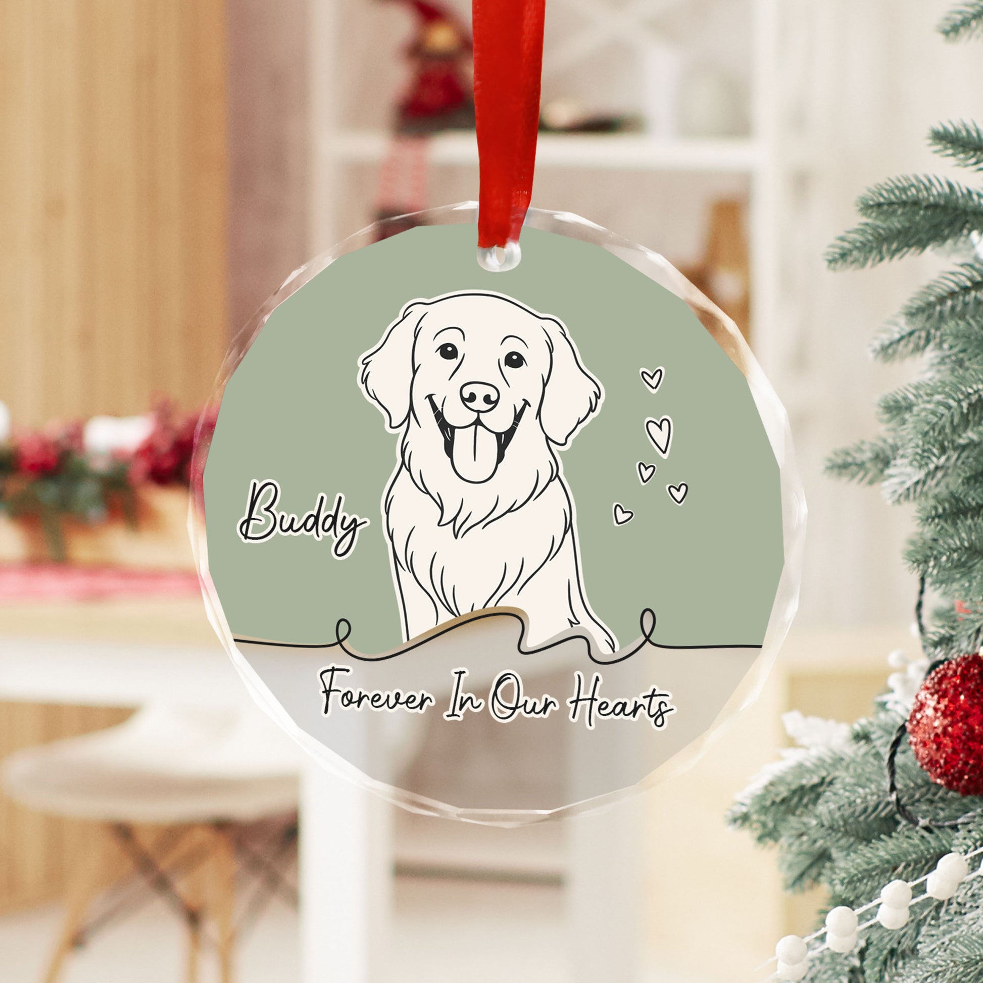 Personalized glass ornament featuring custom line art of a dog and cat, a unique Christmas gift.