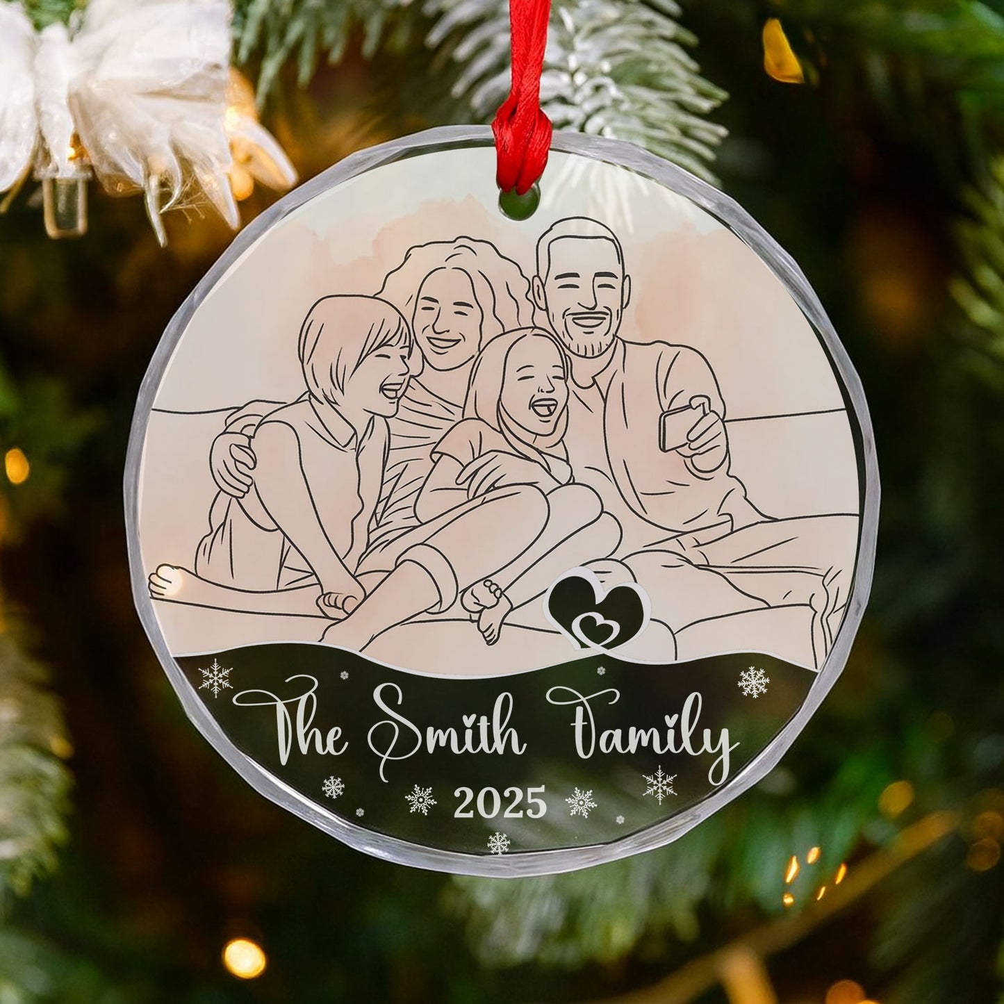 Custom family line drawing on a glass ornament, a unique personalized Christmas gift.