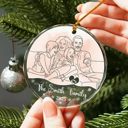 Custom family line drawing on a glass ornament, a unique personalized Christmas gift.