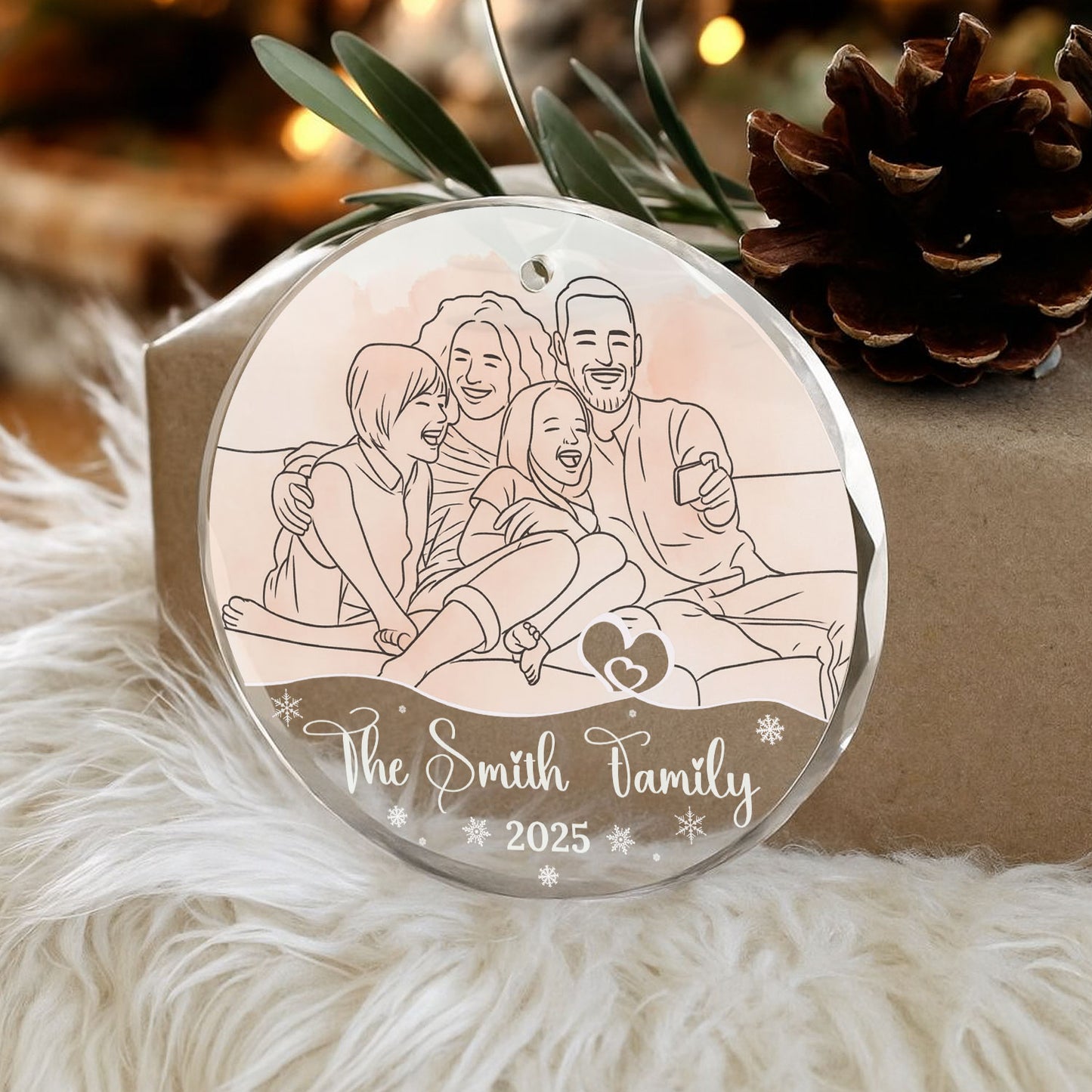 Custom family line drawing on a glass ornament, a unique personalized Christmas gift.