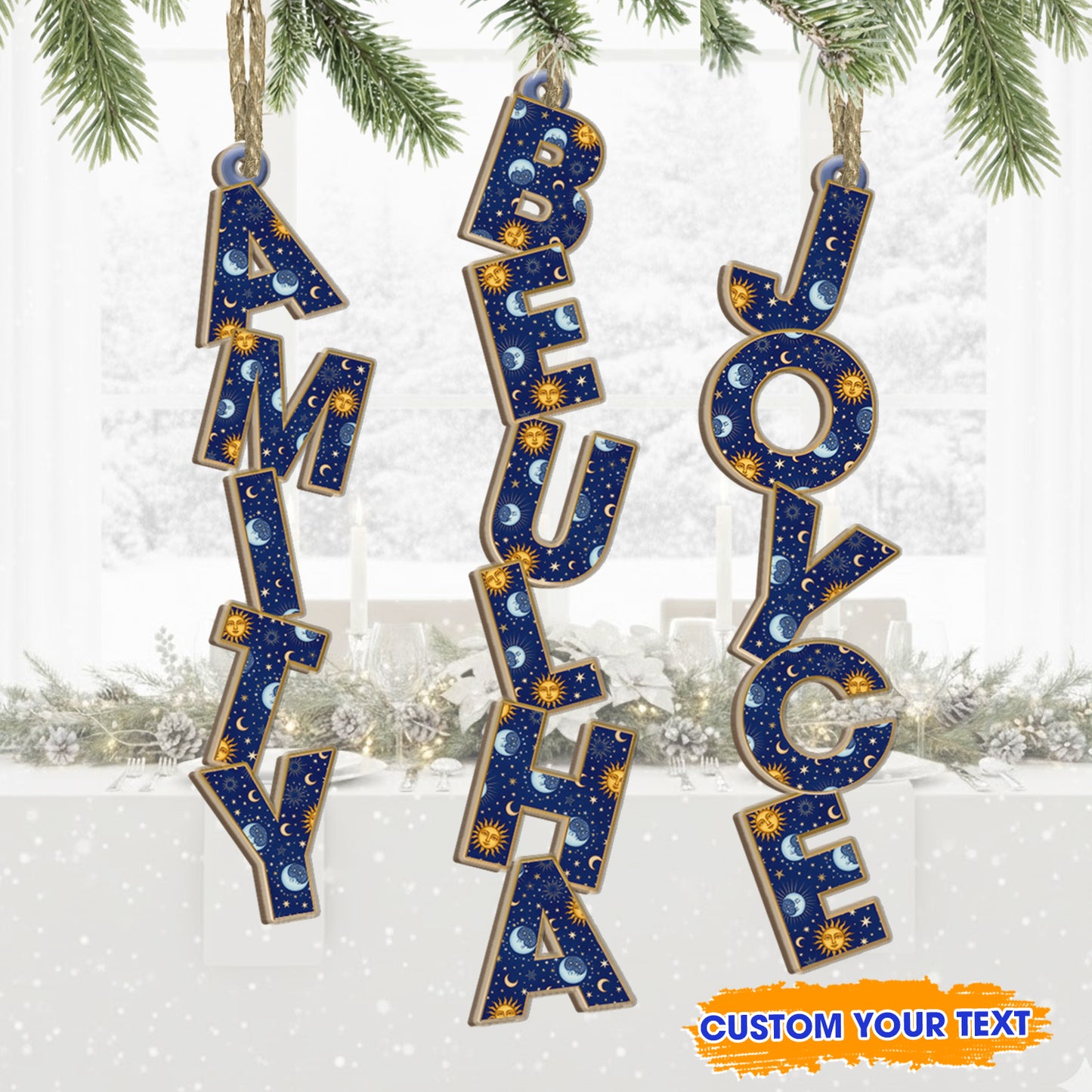 Custom moon and sun letter wood ornament for Christmas tree, personalized gift.