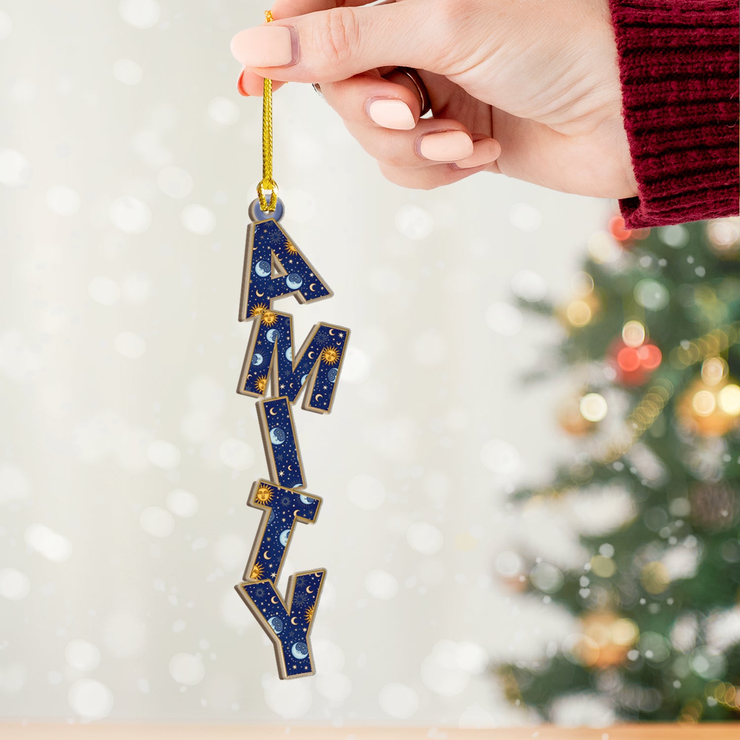Custom moon and sun letter wood ornament for Christmas tree, personalized gift.