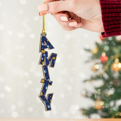 Custom moon and sun letter wood ornament for Christmas tree, personalized gift.