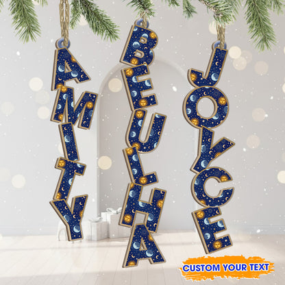 Custom moon and sun letter wood ornament for Christmas tree, personalized gift.