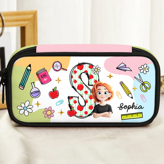 Colorful personalized pencil case with custom name.