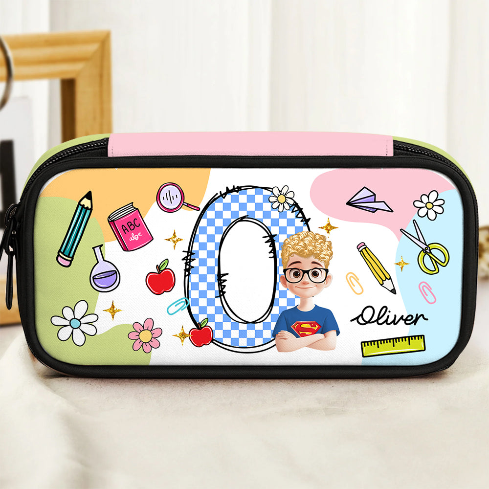 Colorful personalized pencil case with custom name.