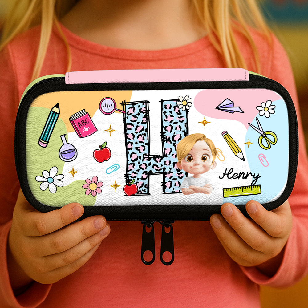 Colorful personalized pencil case with custom name.