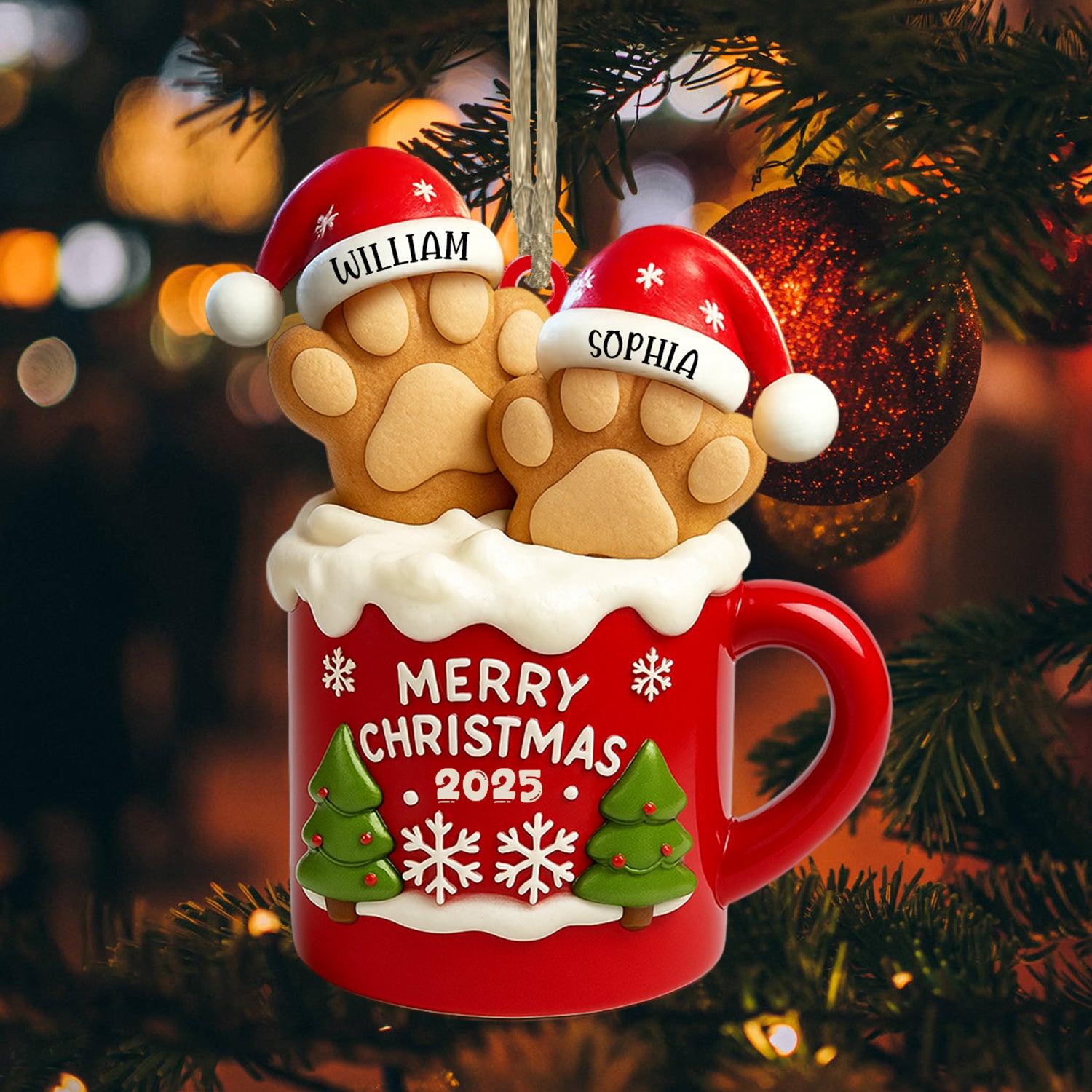 Custom Paw Christmas Ornament: Personalized acrylic pet memorial with festive design.