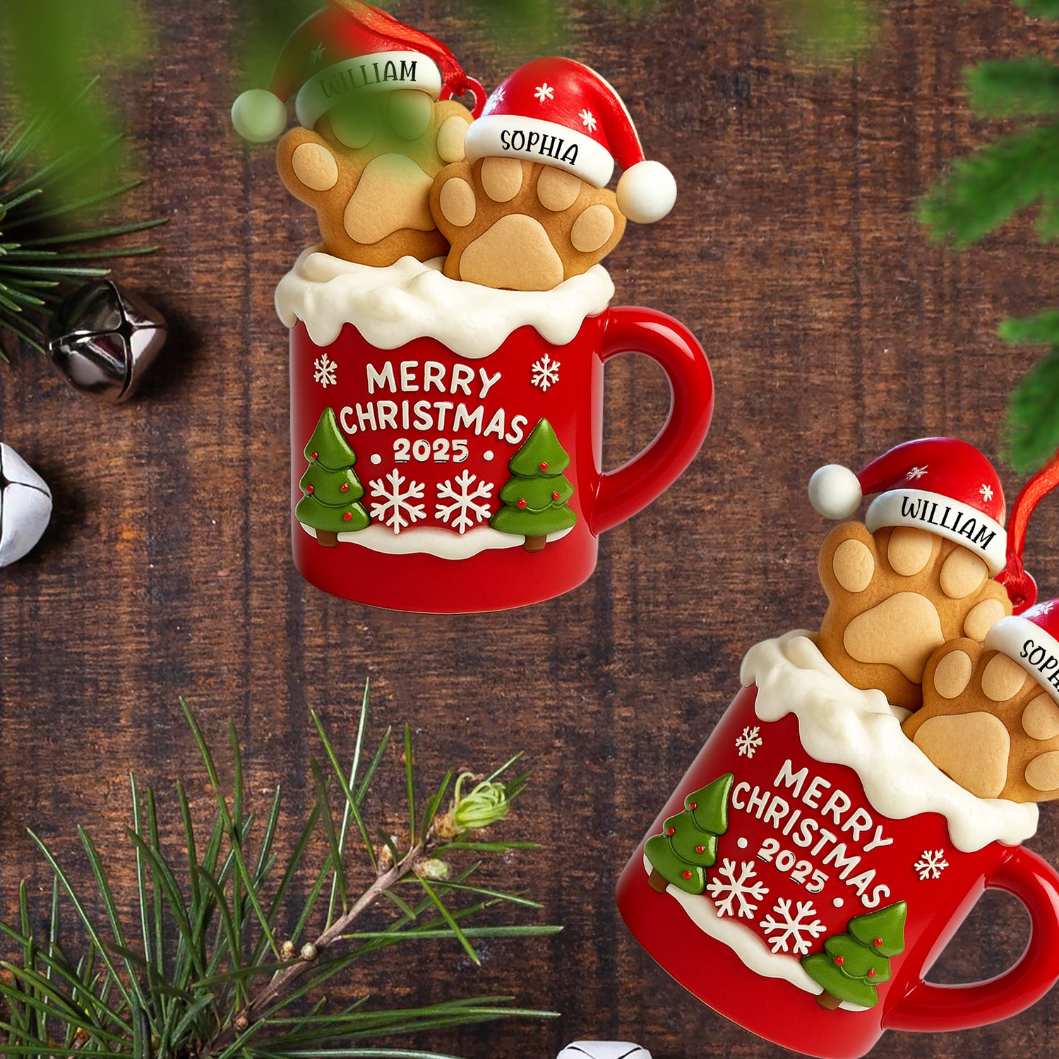 Custom Paw Christmas Ornament: Personalized acrylic pet memorial with festive design.