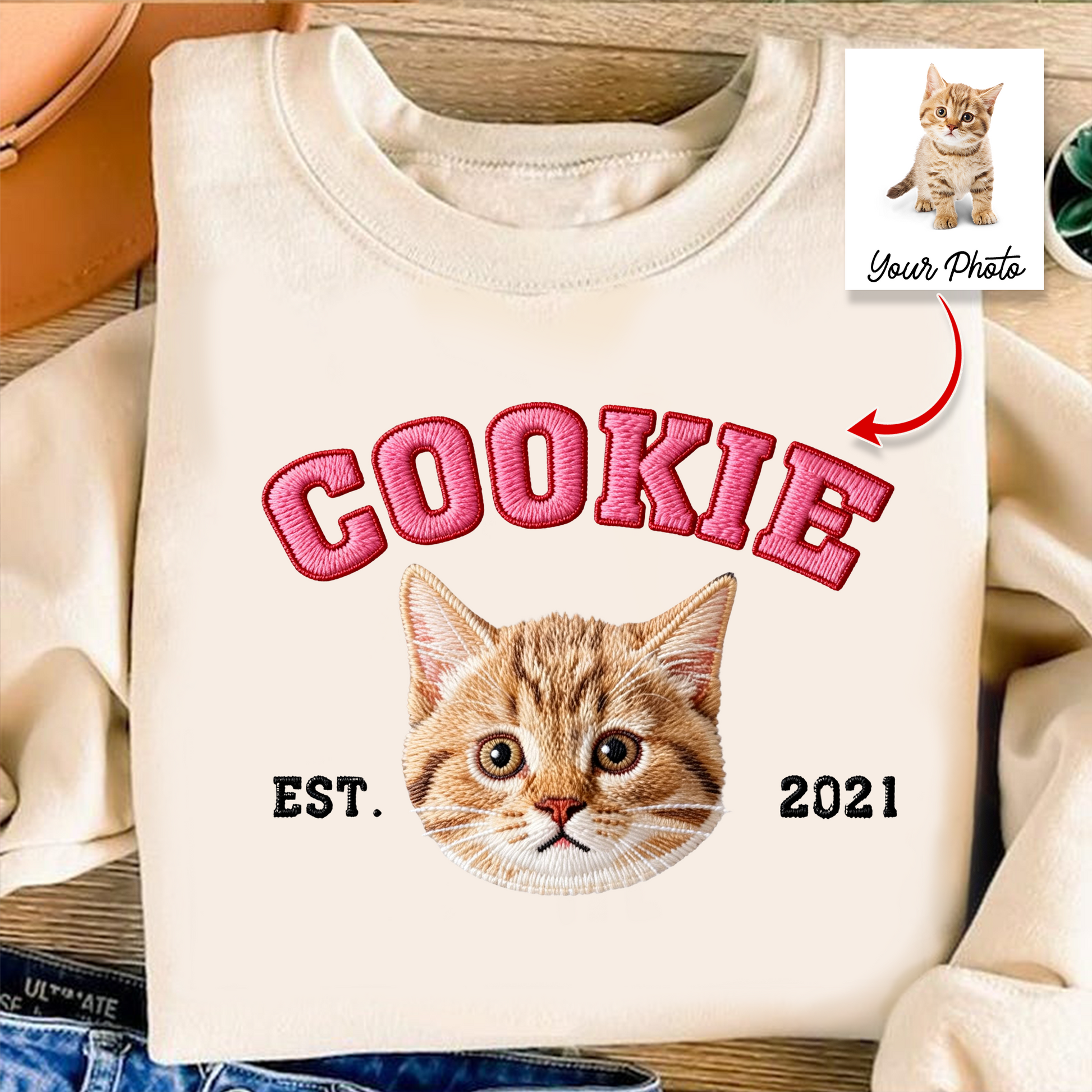 Custom pet photo embroidered crewneck sweatshirt.