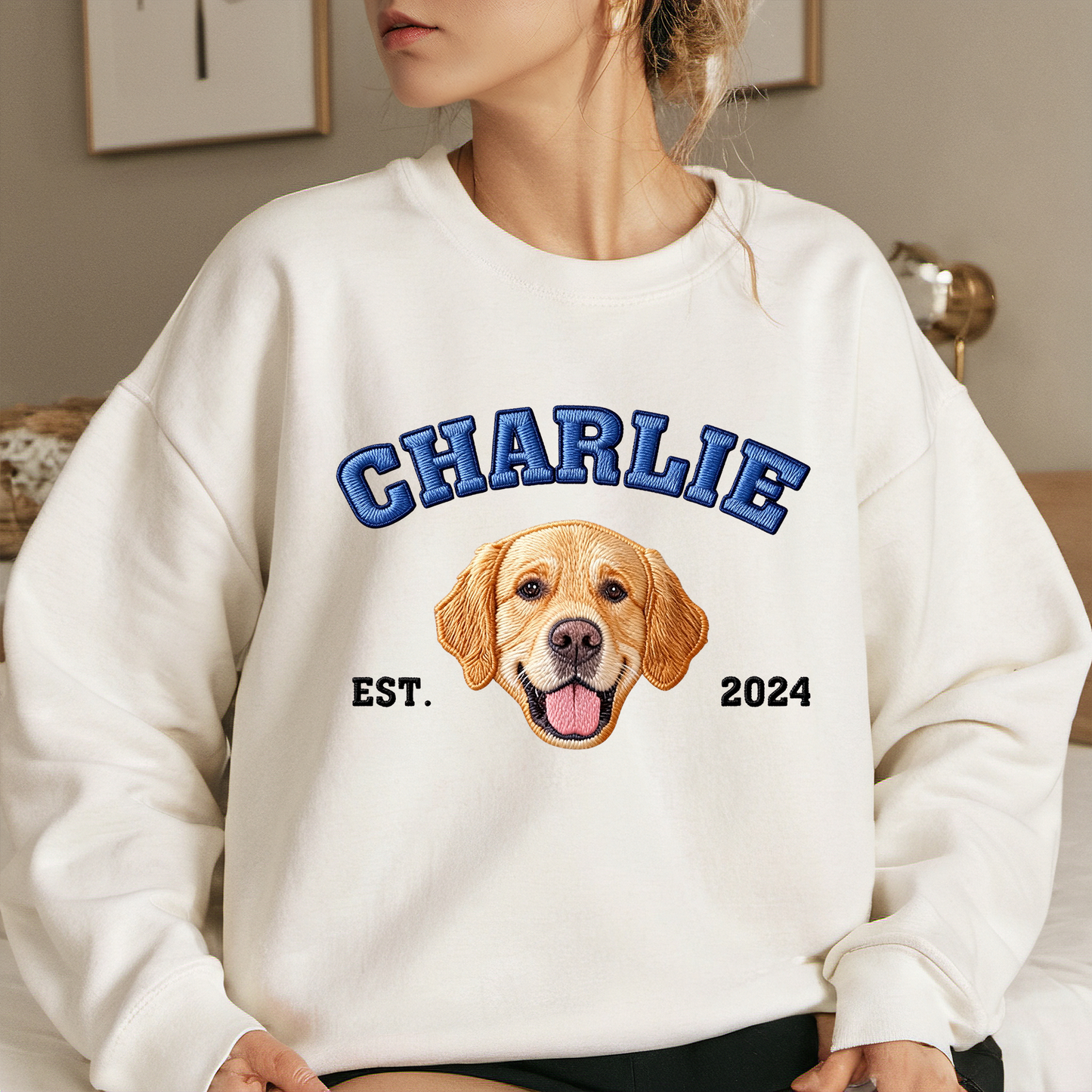 Custom pet photo embroidered crewneck sweatshirt.