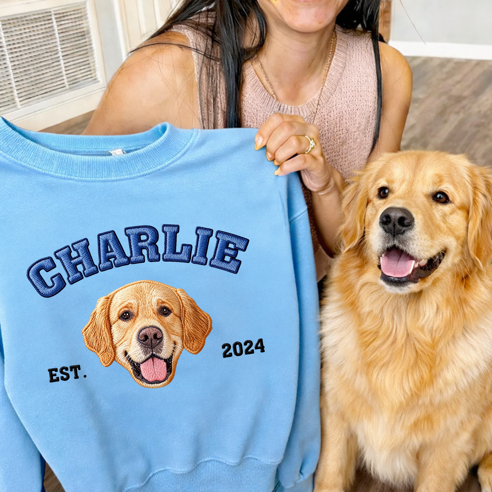 Custom pet photo embroidered crewneck sweatshirt.
