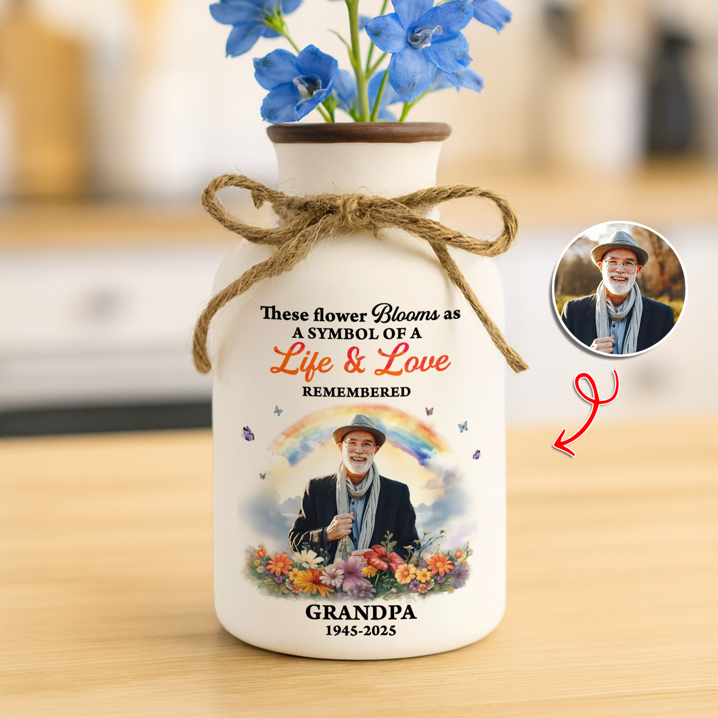 Personalized "Rainbow Bridge" flower vase with custom pet photo - a beautiful memorial gift.