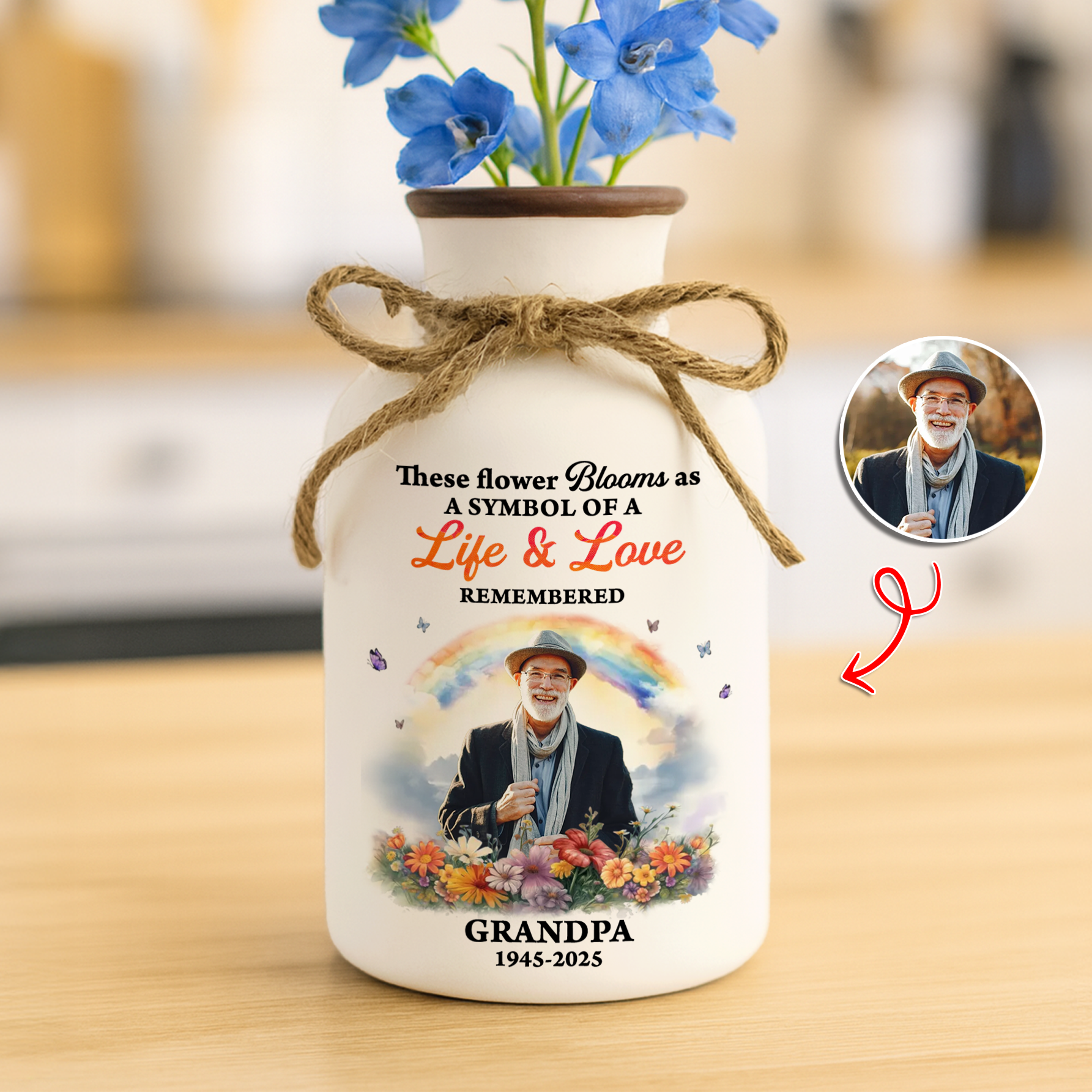 Personalized "Rainbow Bridge" flower vase with custom pet photo - a beautiful memorial gift.
