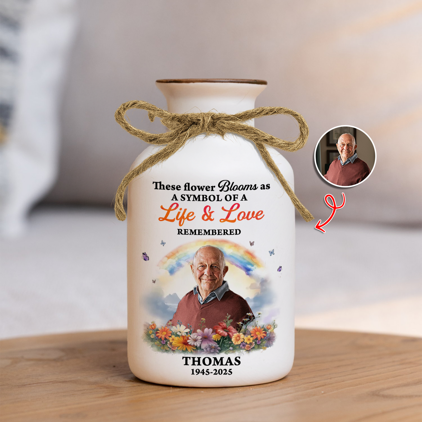 Personalized "Rainbow Bridge" flower vase with custom pet photo - a beautiful memorial gift.